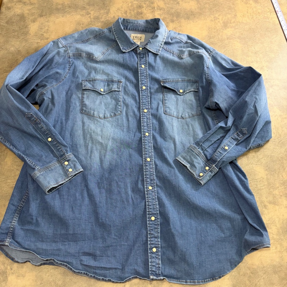 True Nation Western Shirt Mens 3XLT Blue Denim Pearl Snap Long Sleeve Stretch